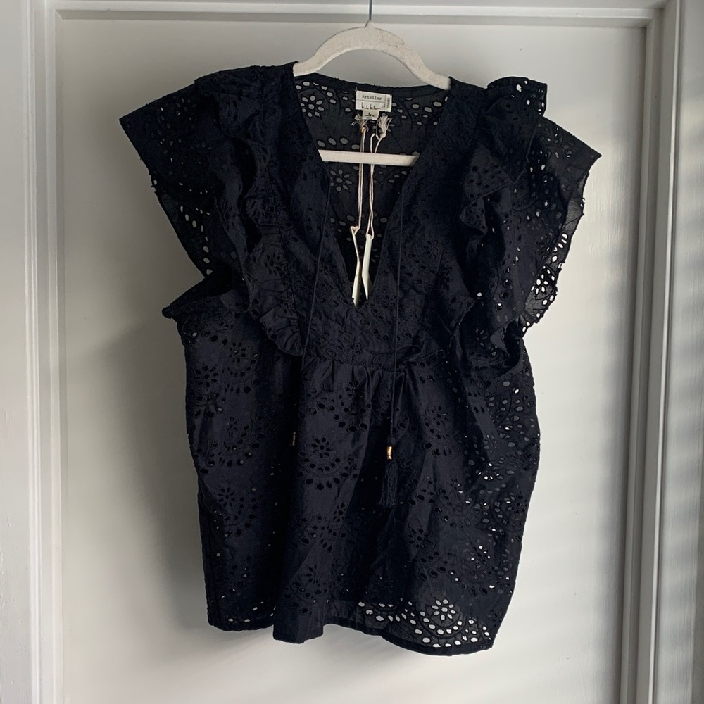 Nicole Miller Women's Black Eyelet Ruffle Blouse Size L